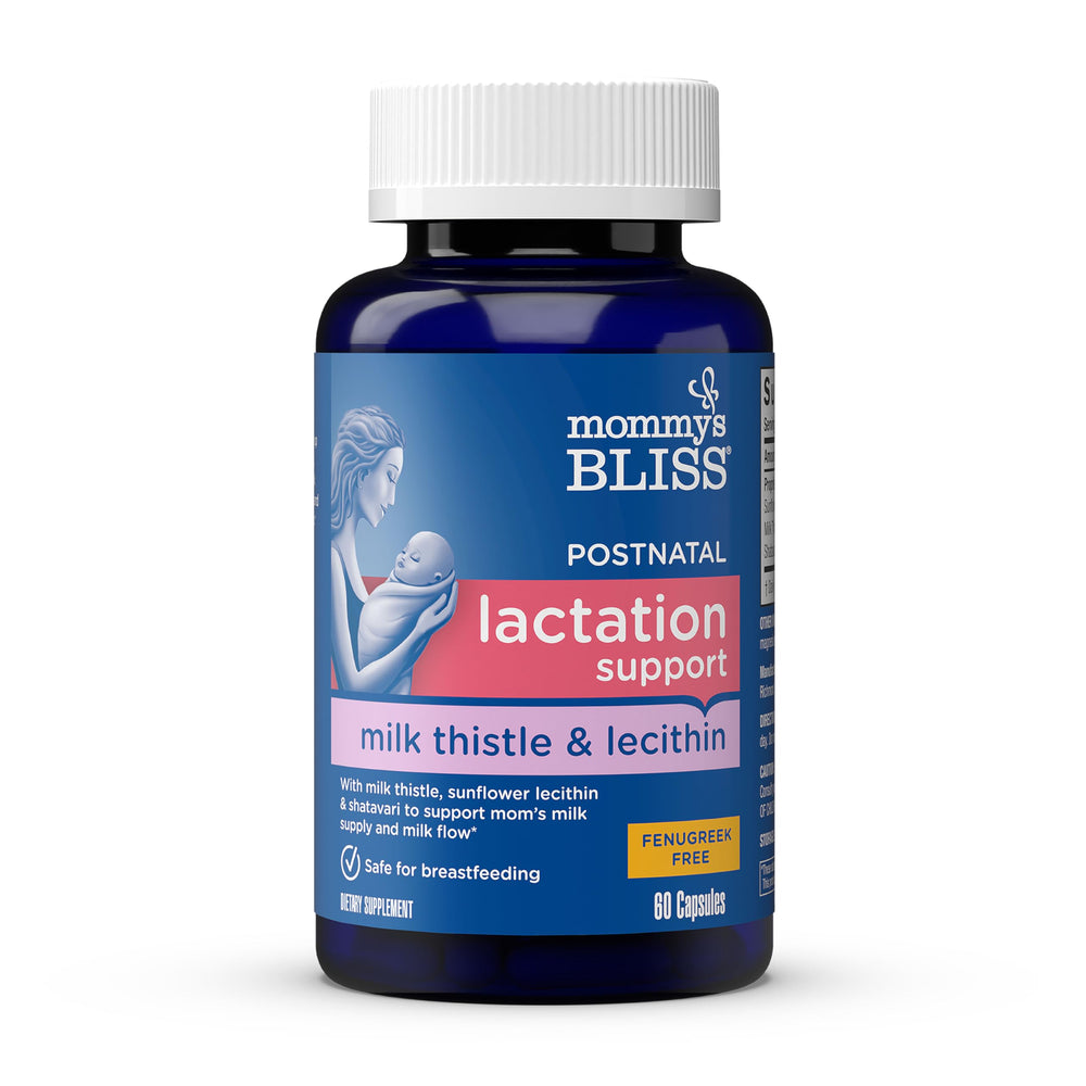 Mommy's Bliss postnatal lactation capsules bottle front view for convenient daily support.