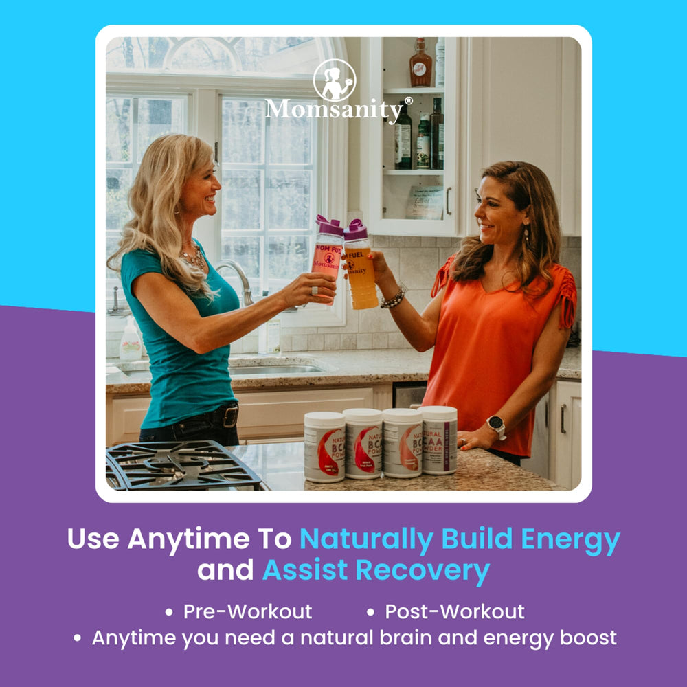 Momsanity natural sweeteners graphic highlights stevia, erythritol, monk fruit blend.