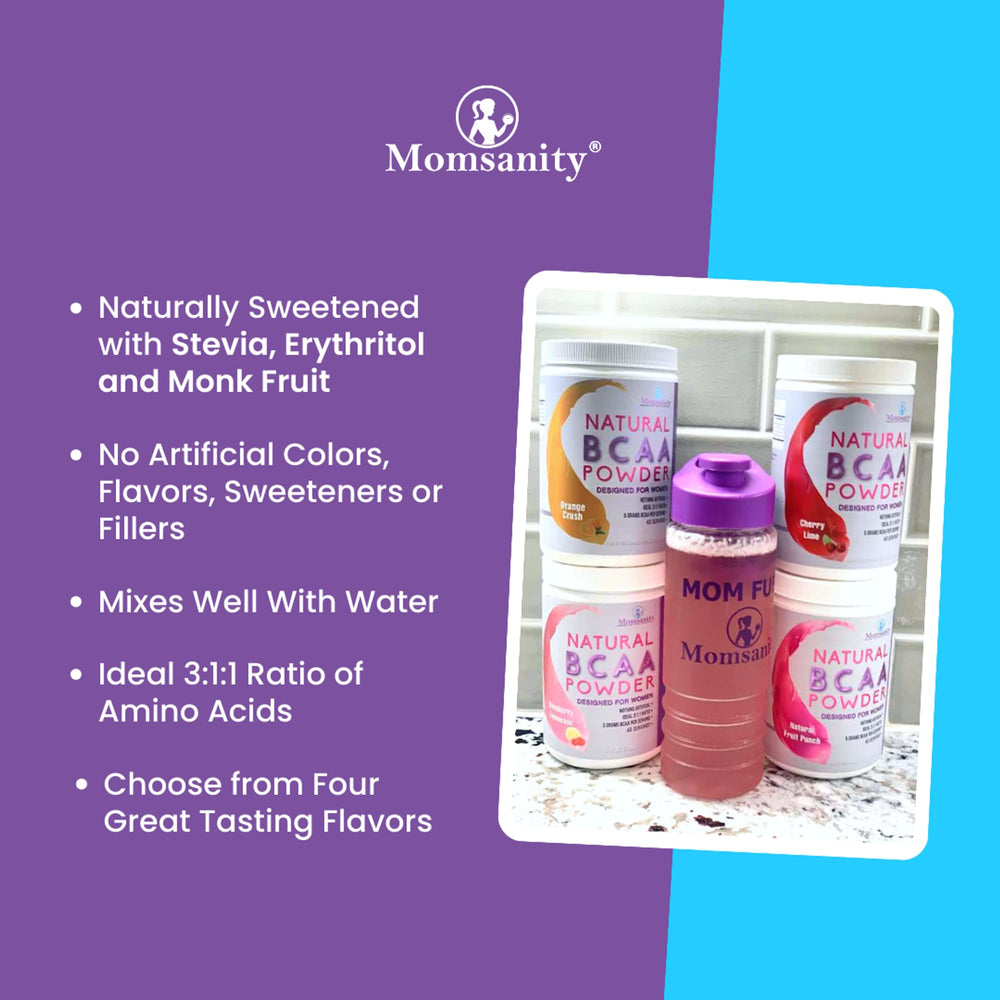 Momsanity BCAA mixed with water in a glass for hydration.