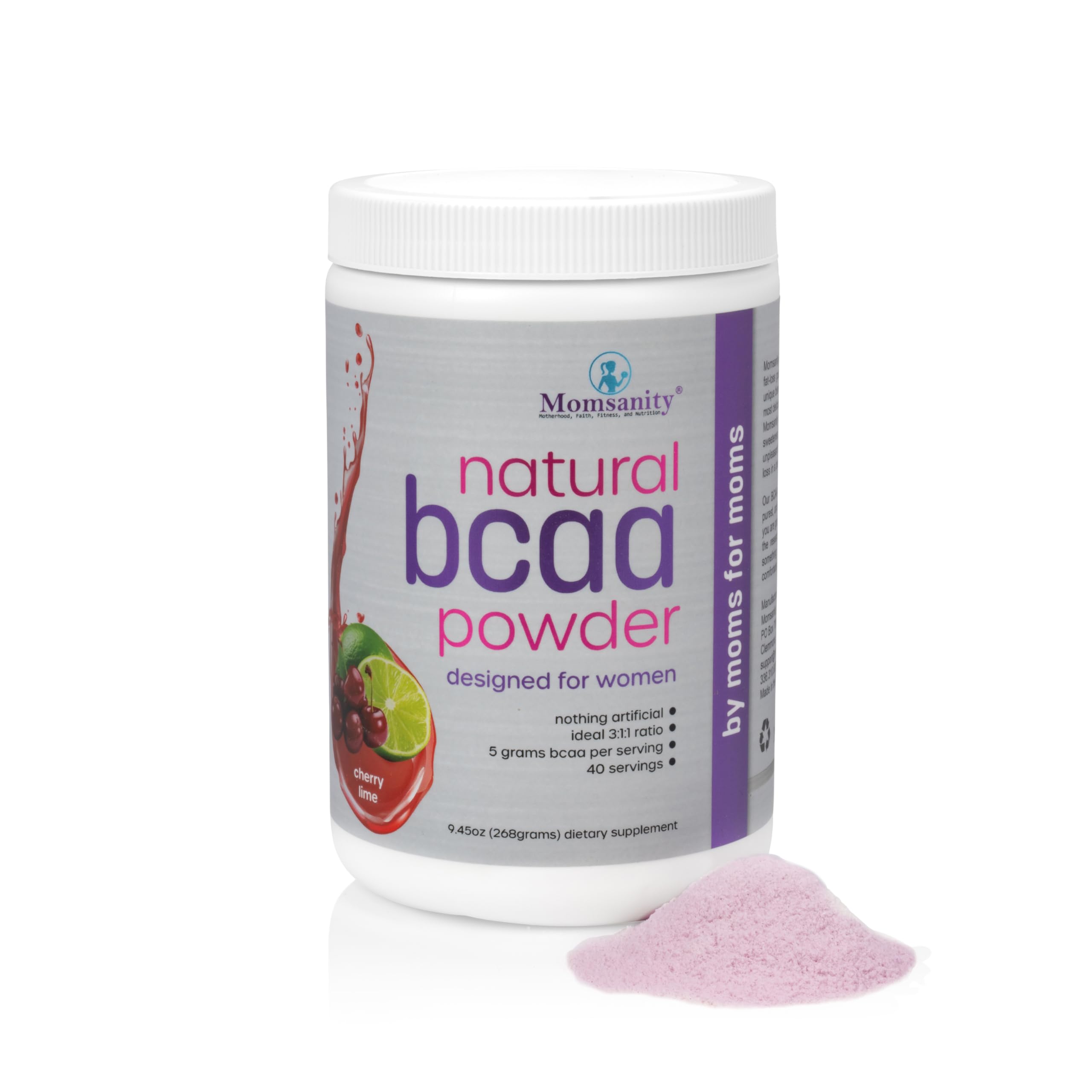 Momsanity BCAA powder tub cherry lime for vibrant workouts and sustained energy.
