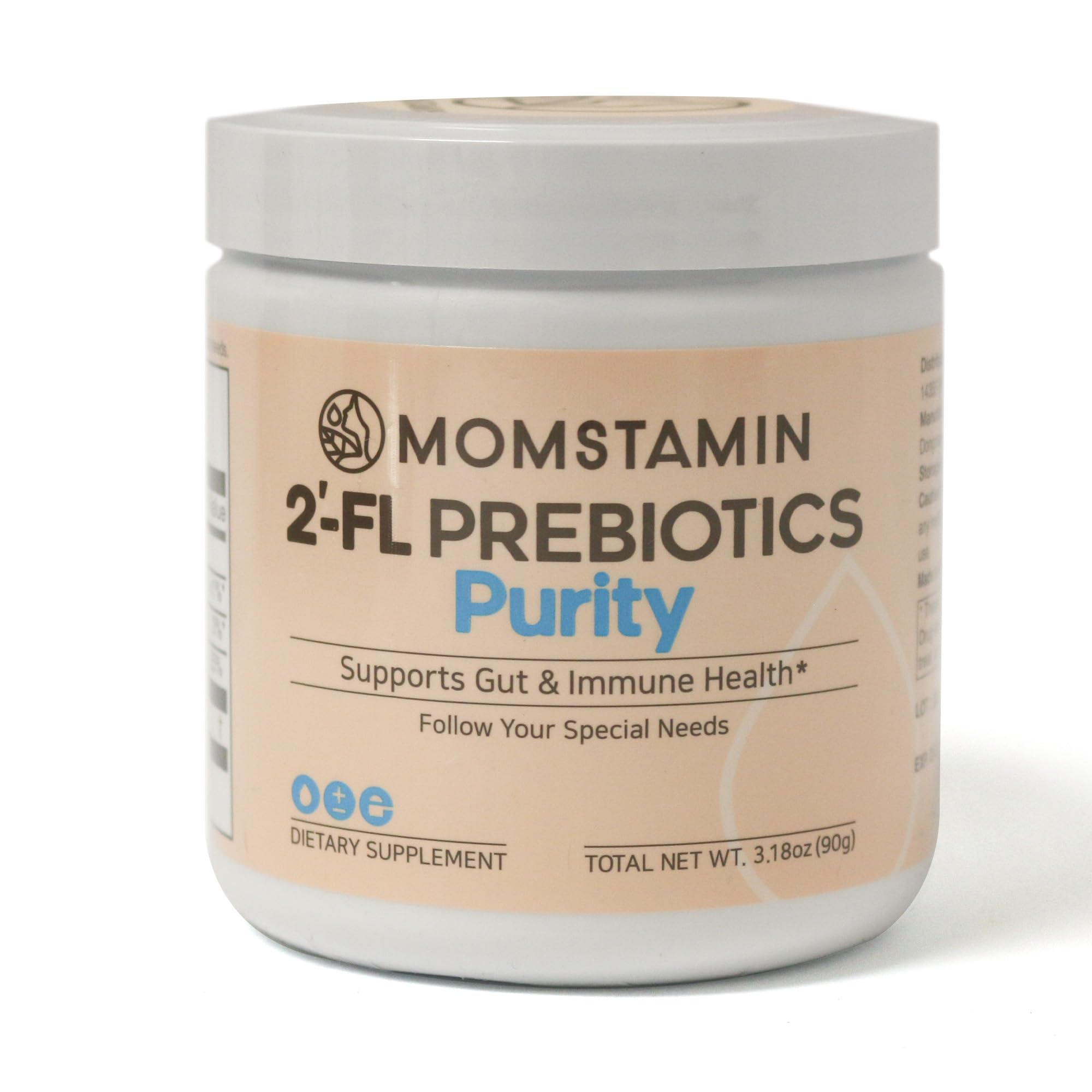 Scoop of Momstamin Purity 2'-FL dissolving in liquid for convenient use.