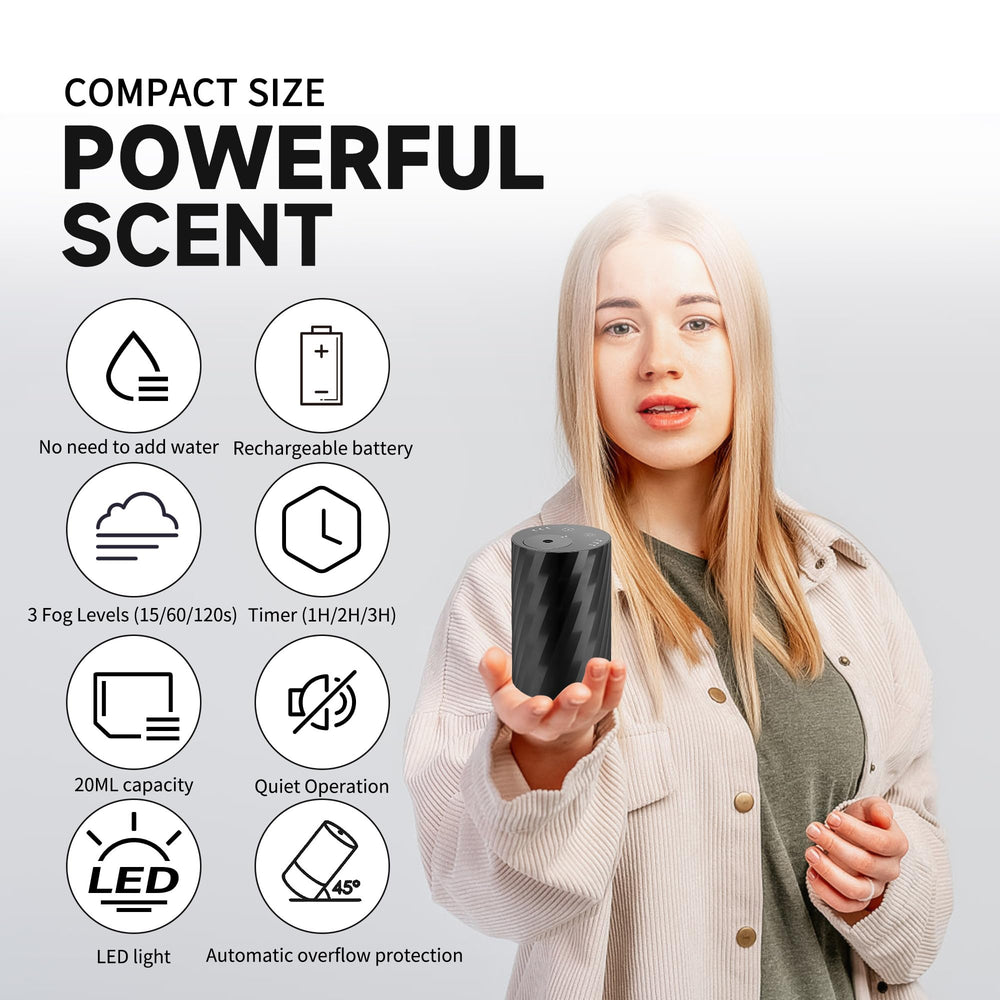 Moncer diffuser in travel bag demonstrates portability for on-the-go scent.
