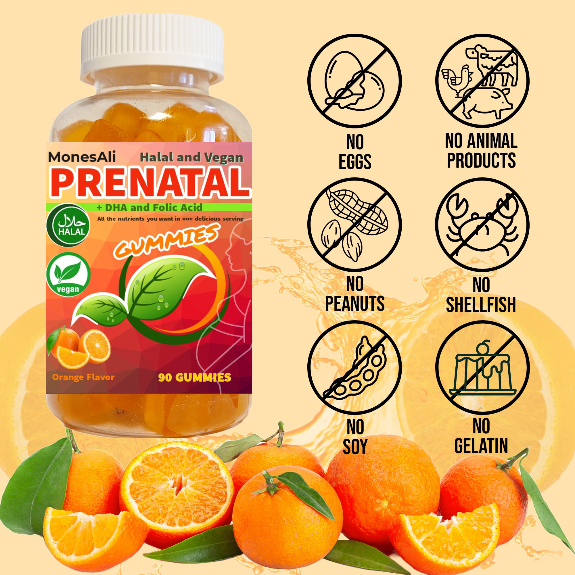 MonesAli Prenatal bottle-side label shows vegan and halal-friendly credentials.