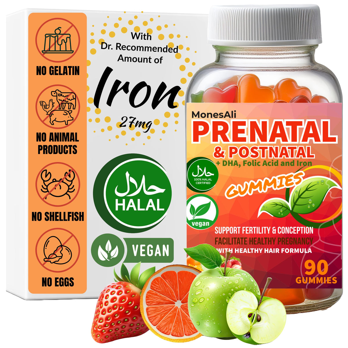 MonesAli Prenatal Gummies jar-front shows orange flavor for daily pregnancy support.