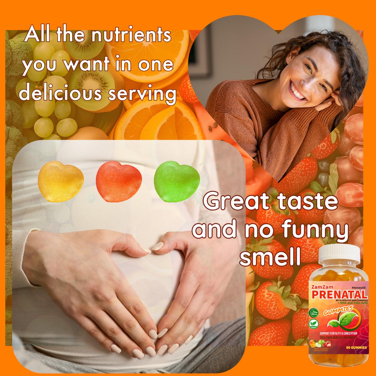 MonesAli Prenatal gummies orange flavor for a tasty daily prenatal routine.