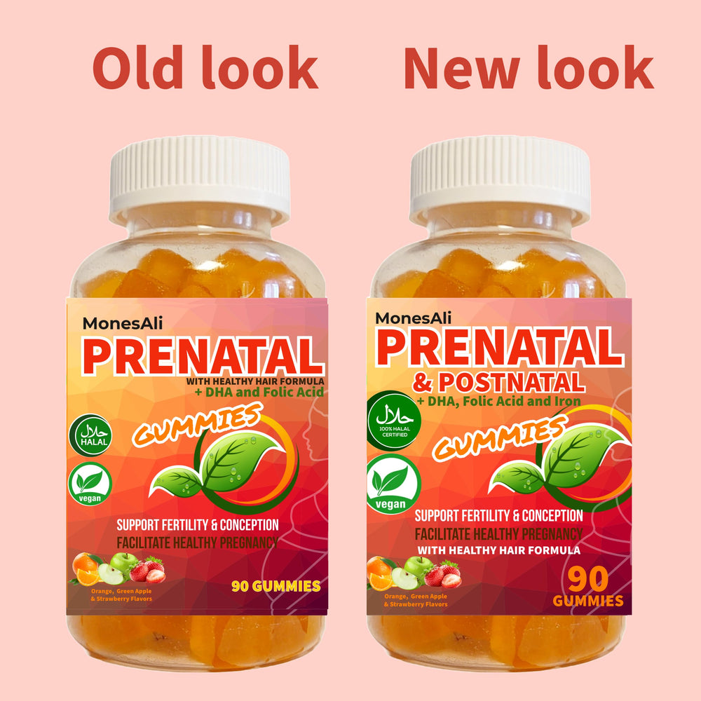 MonesAli Prenatal label displays vegan and halal symbols for dietary compatibility.