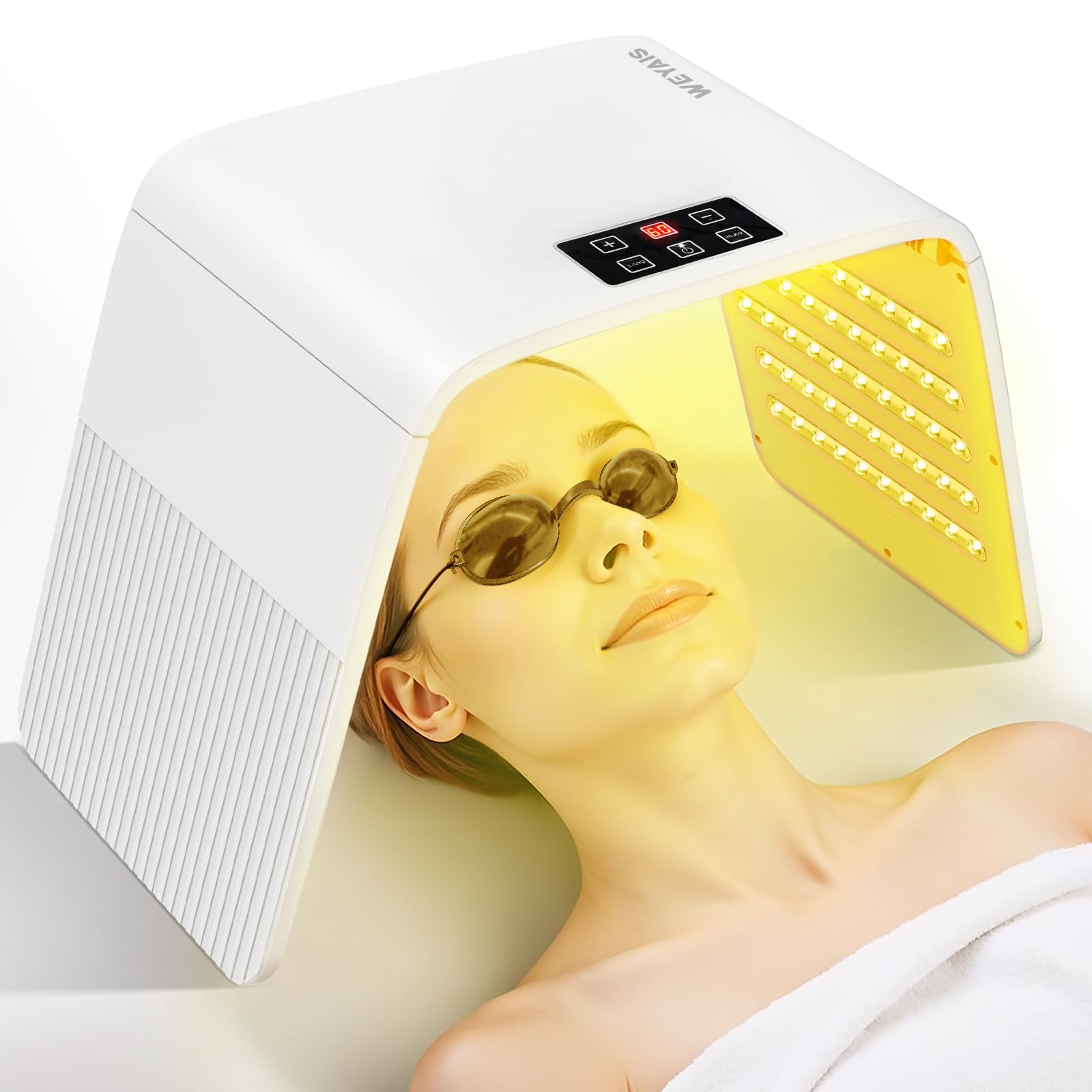 Monhallnow red light therapy mask close-up on the face for at-home skin sessions.