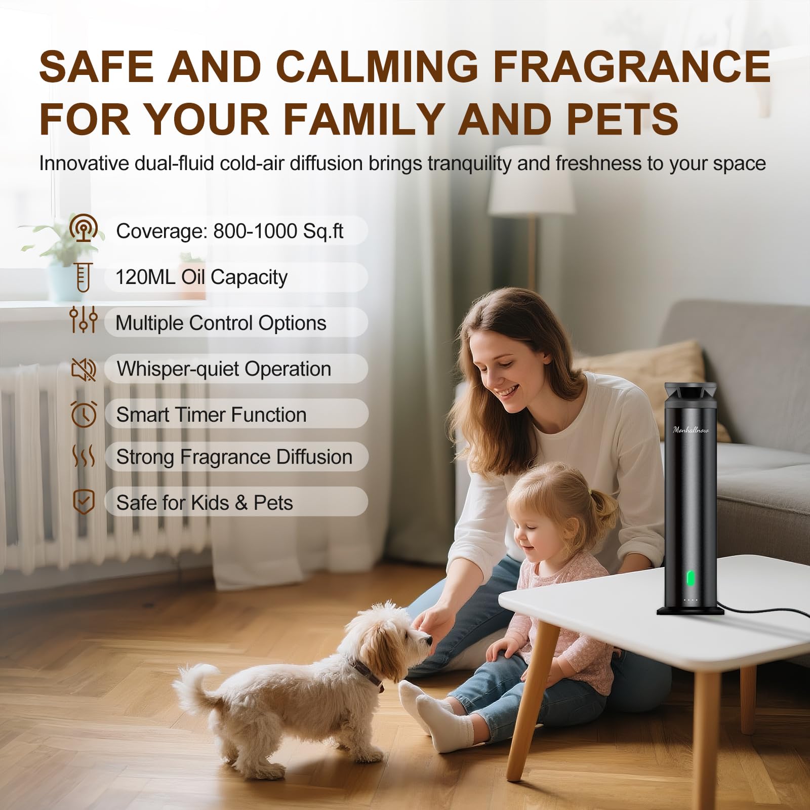 Monhallnow diffuser remote control on table for easy customization.
