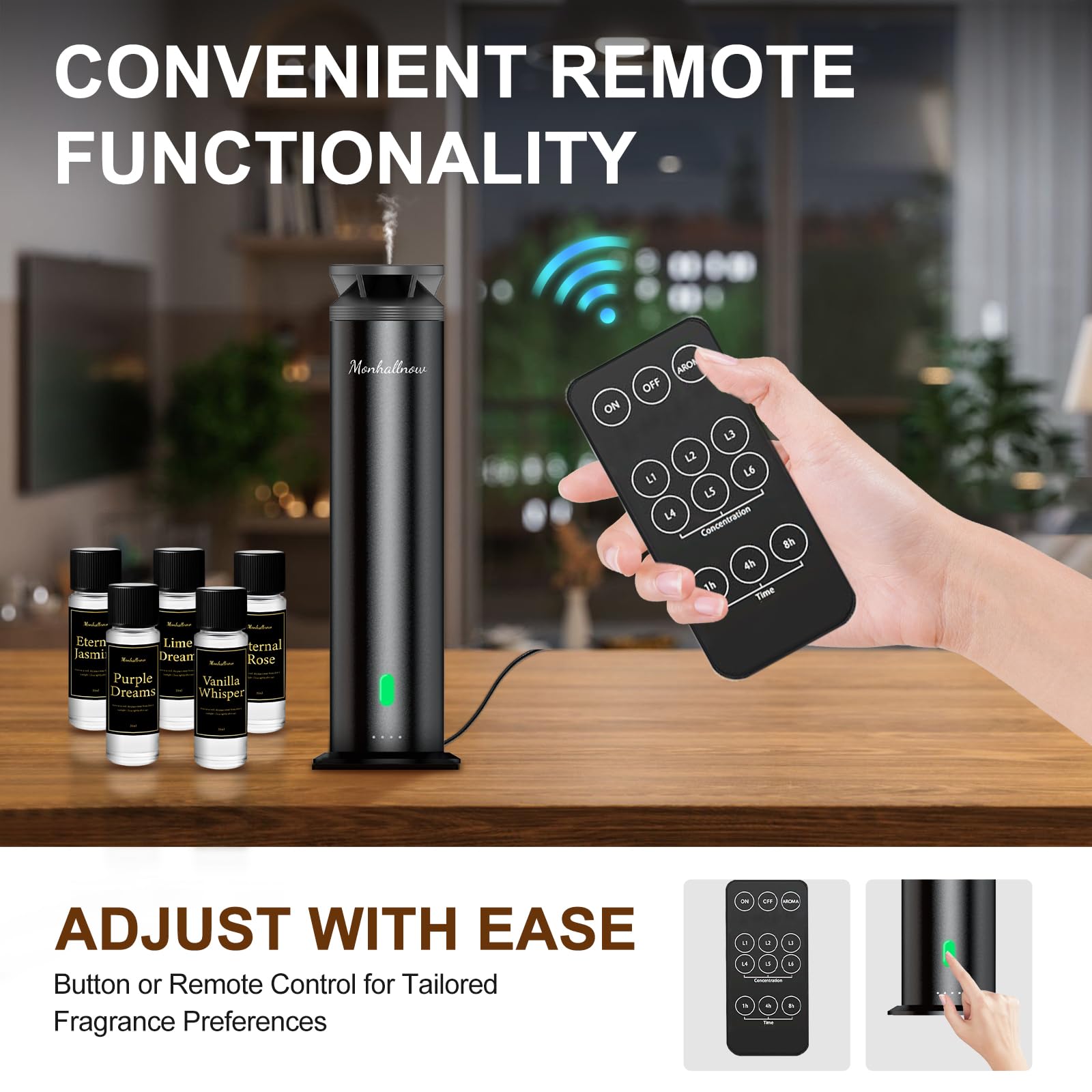 Monhallnow diffuser with six intensity levels for personalized scent.