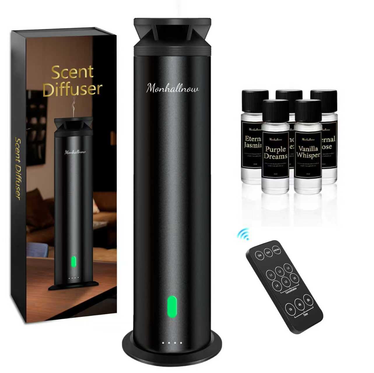 Monhallnow waterless diffuser tower front view, premium design for upscale spaces.