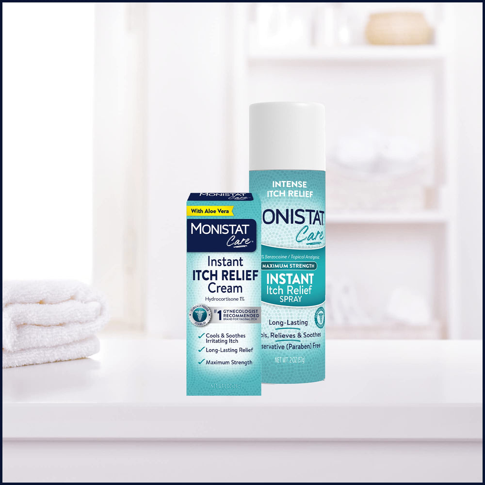 Monistat 1% hydrocortisone ingredient label emphasizes anti-itch action.