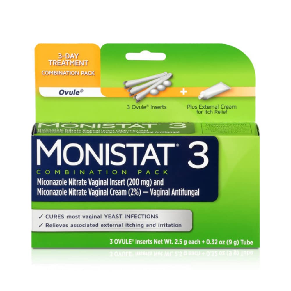 Monistat 3-Day yeast treatment packaging showing full kit for at-home relief