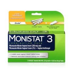 Monistat 3-Day yeast treatment packaging showing full kit for at-home relief