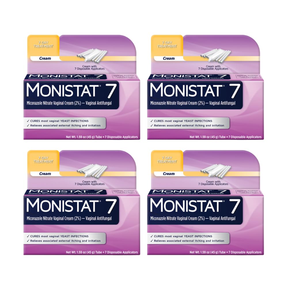 Monistat 7 vaginal cream tube shown for at-home use and seven-dose plan