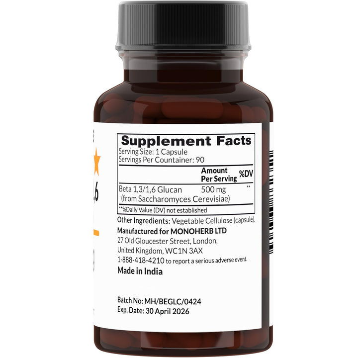 MONOHERB Beta Glucan capsule side view showing high-potency 500 mg dose