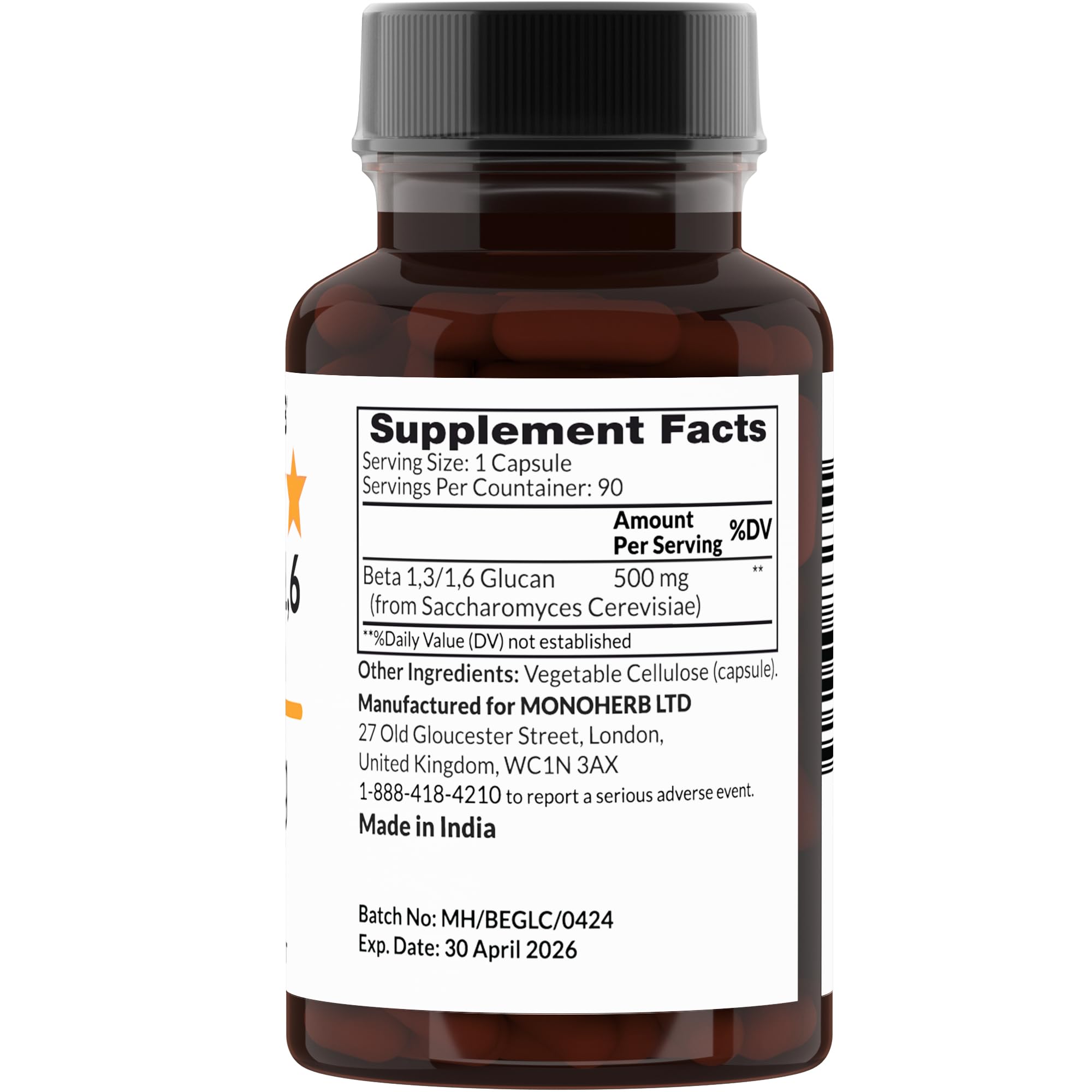 MONOHERB beta glucan capsules show size zero veggie capsules for easy swallowing.
