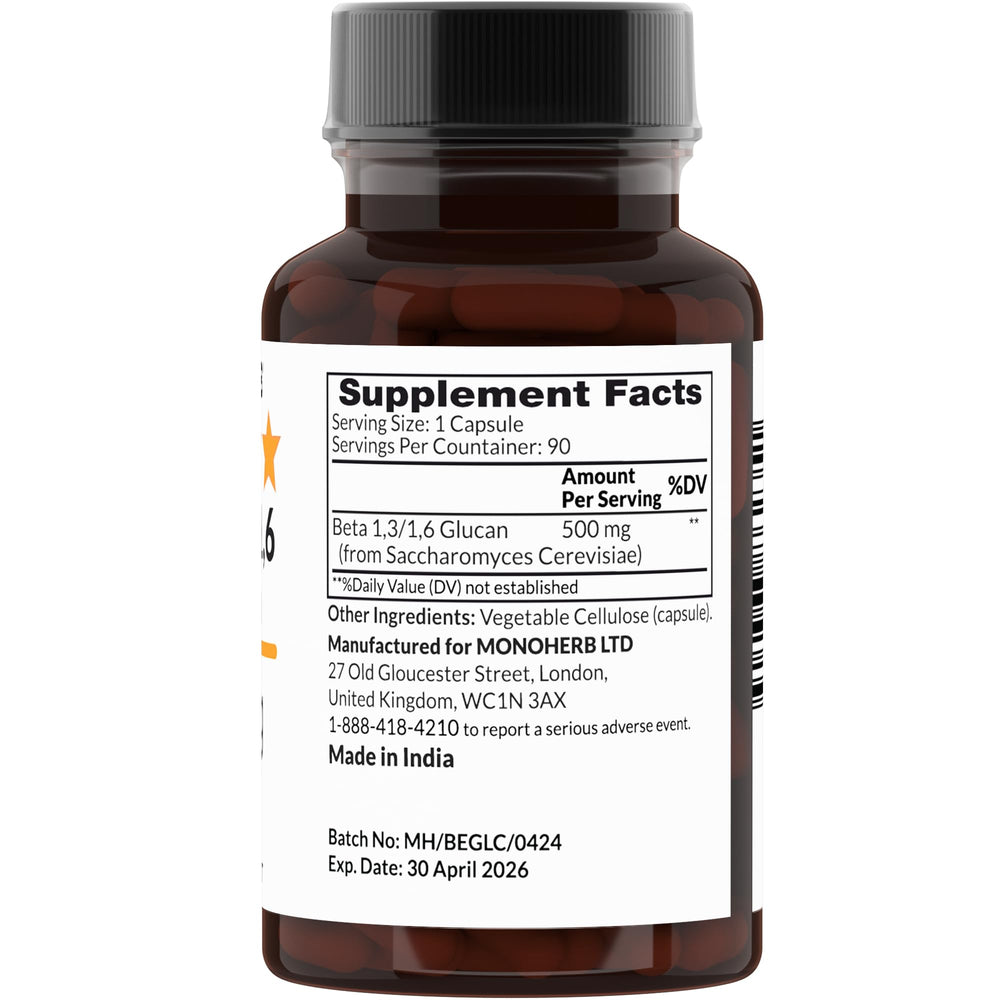 MONOHERB beta glucan capsules show size zero veggie capsules for easy swallowing.