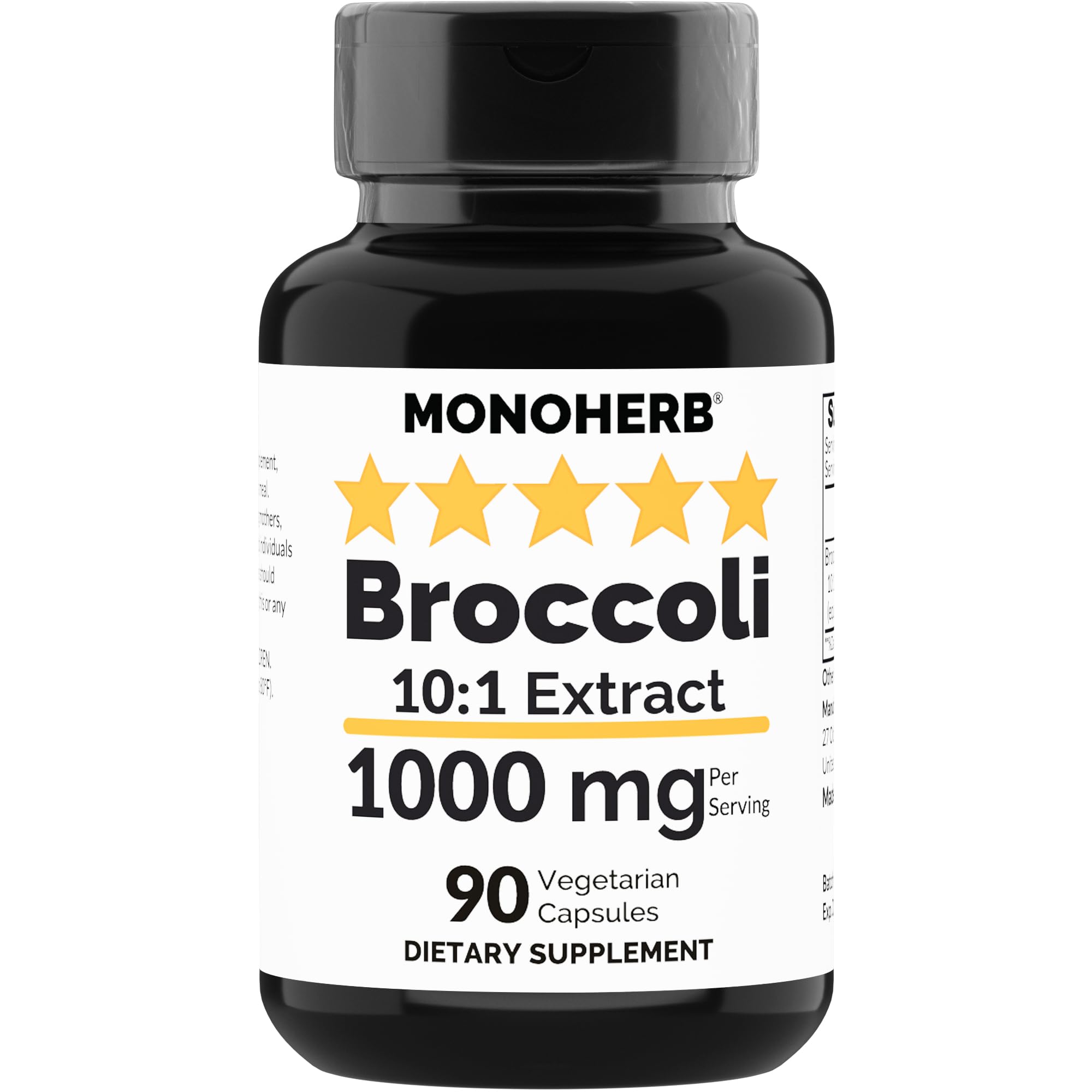 MONOHERB broccoli extract bottle front shows 1000 mg strength for daily wellness.