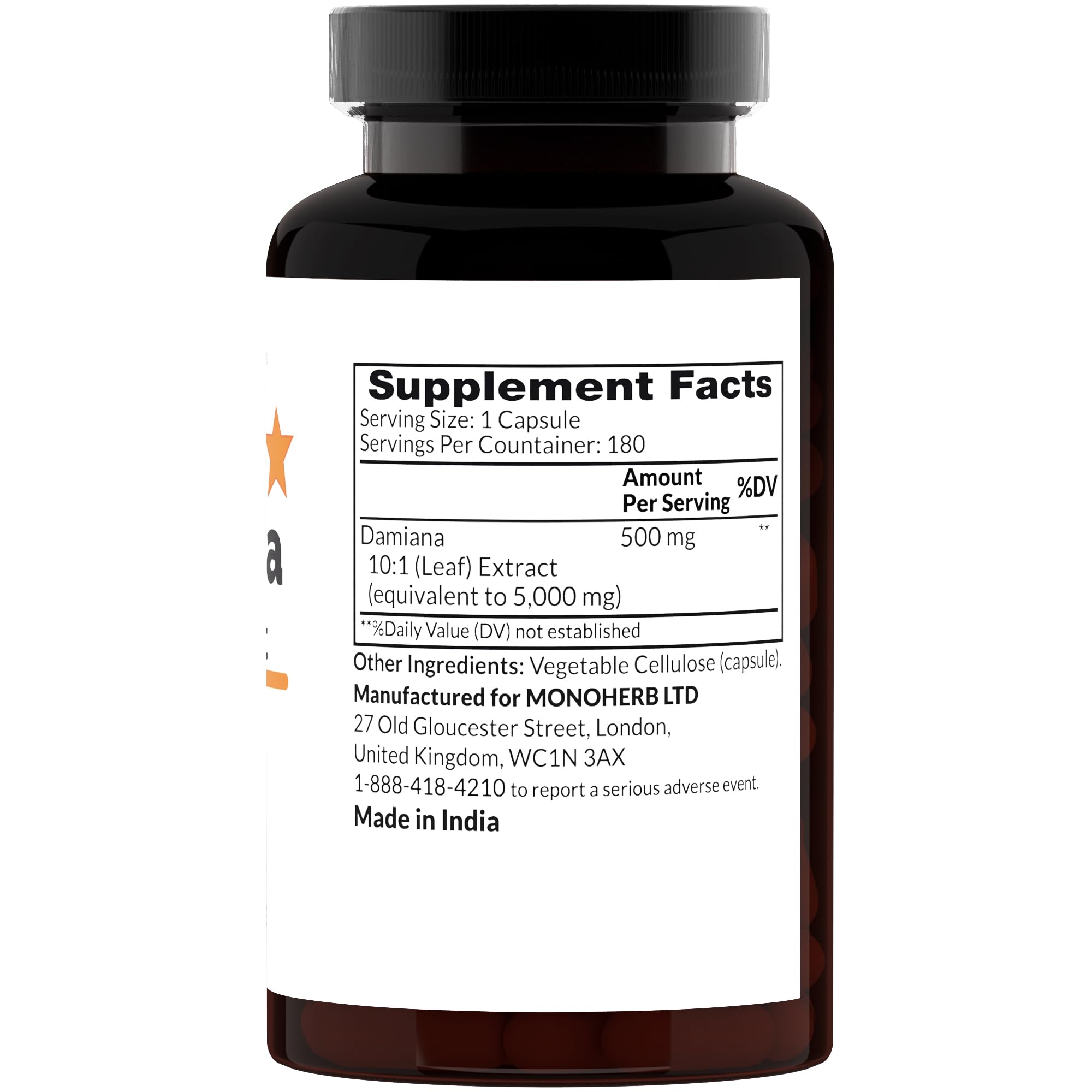 MONOHERB Damiana Extract 500 mg capsules with no additives for easy swallowing.