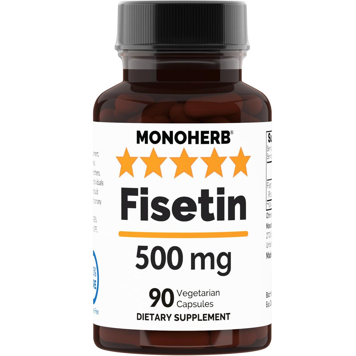 MONOHERB Fisetin 500 mg bottle close-up, easy-to-swallow capsules for daily vitality