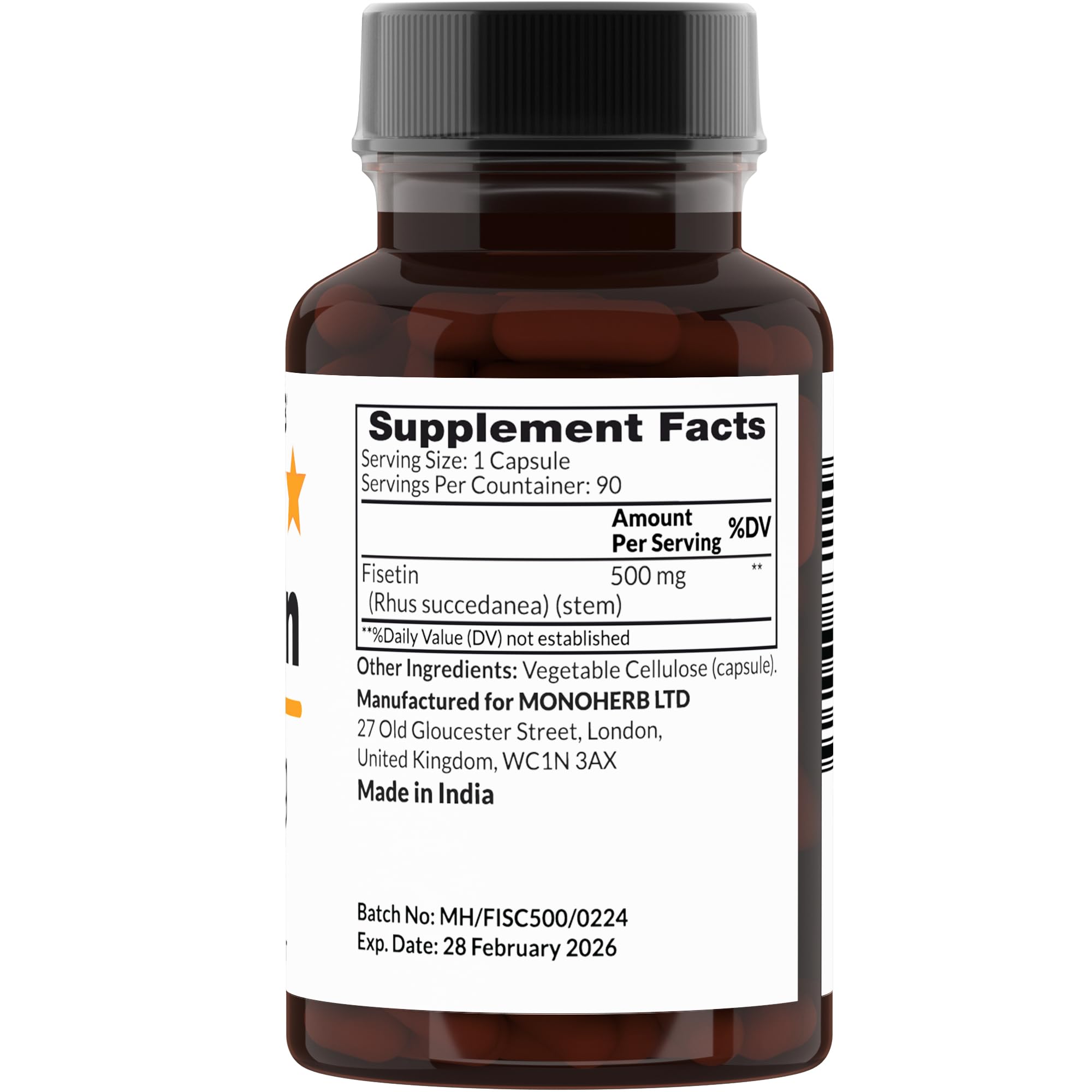 MONOHERB Fisetin 500 mg capsules ready for daily use, supporting focus and cognitive wellness