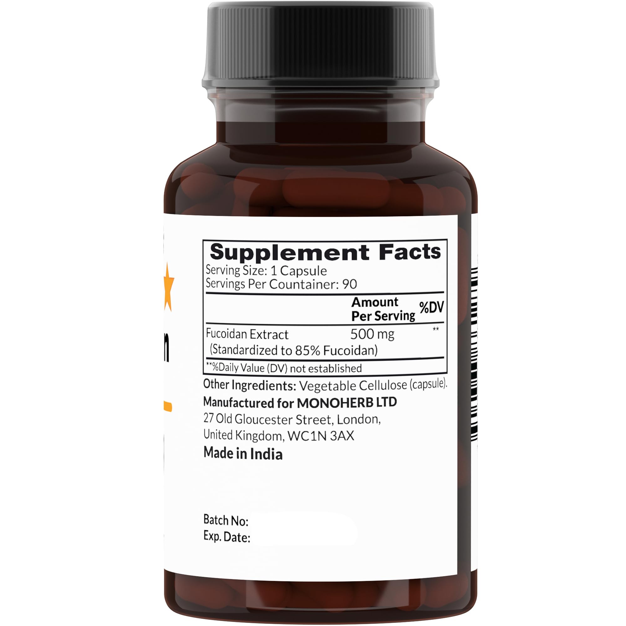 MONOHERB fucoidan capsules close-up, easy-to-swallow capsules