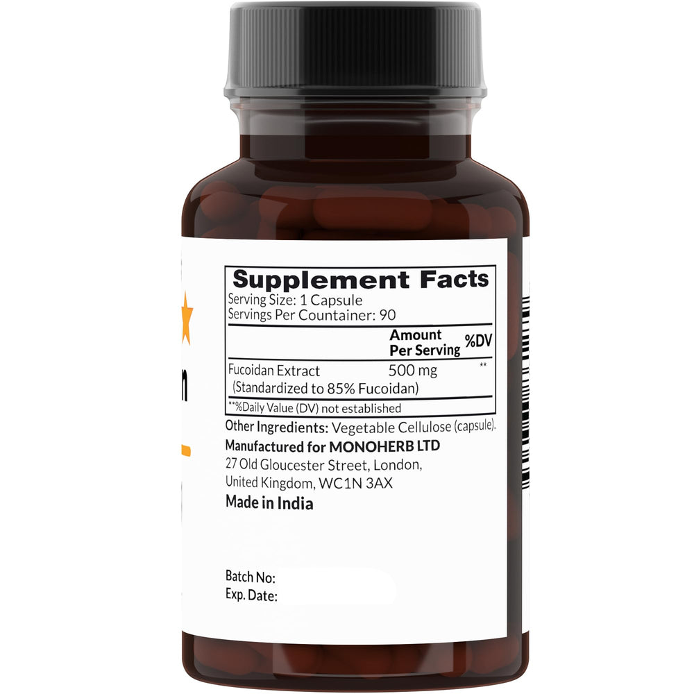 MONOHERB fucoidan capsules close-up, easy-to-swallow capsules