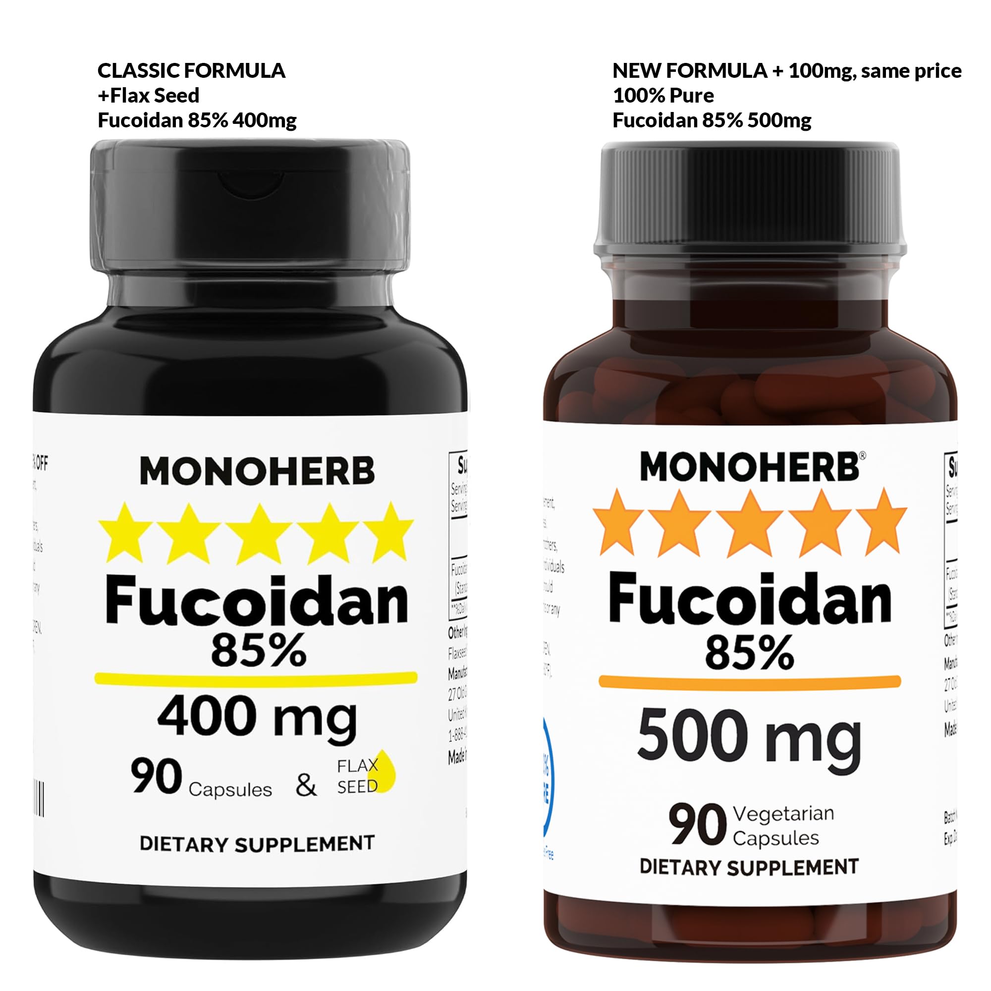 MONOHERB fucoidan 90 capsules packaging with 500 mg per capsule