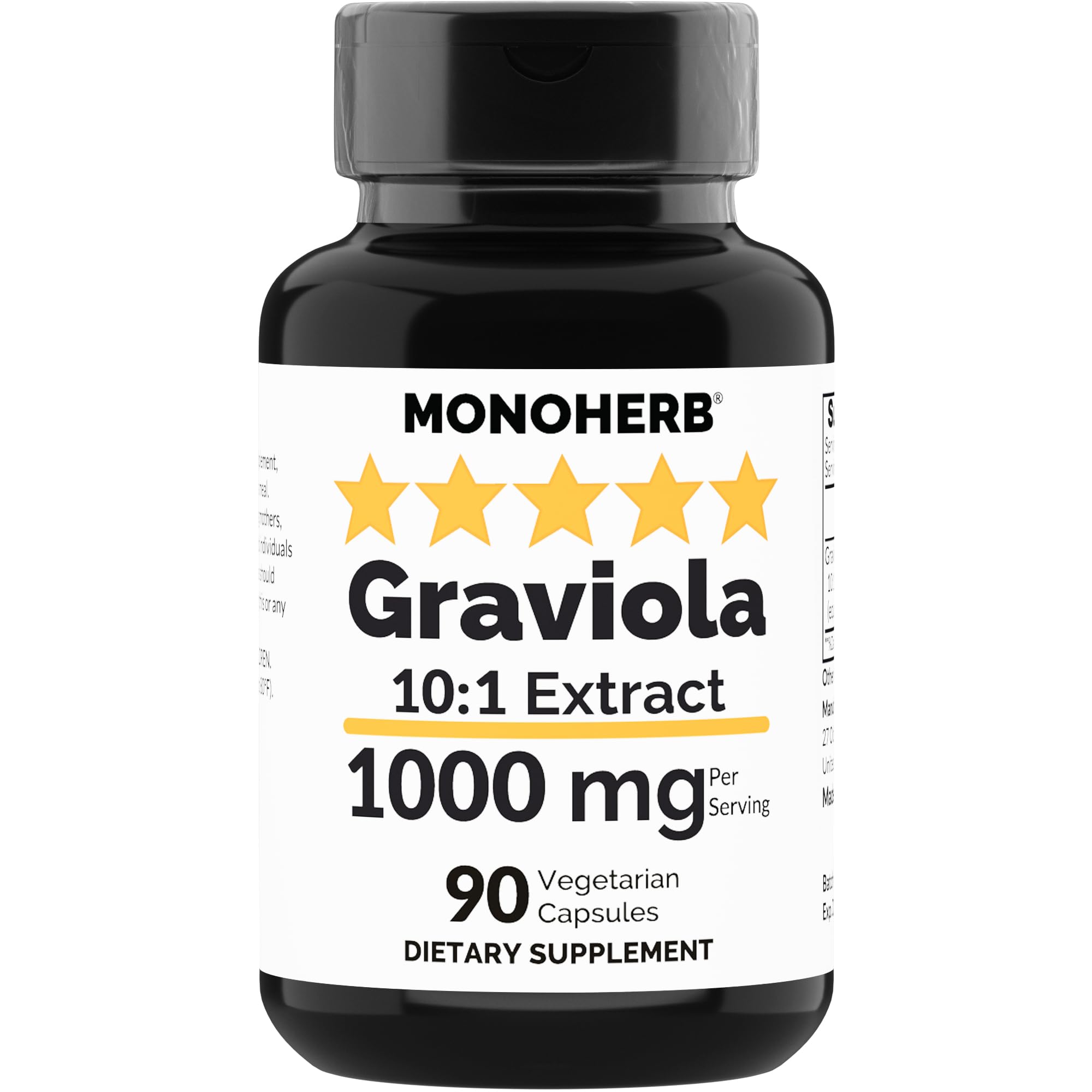 MONOHERB Graviola extract bottle shows 1000 mg strength for daily use.