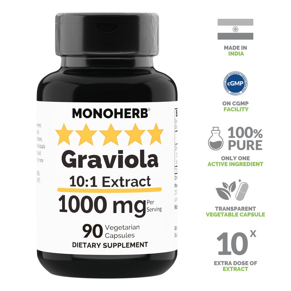 Close-up of MONOHERB Graviola extract label with a cGMP seal.