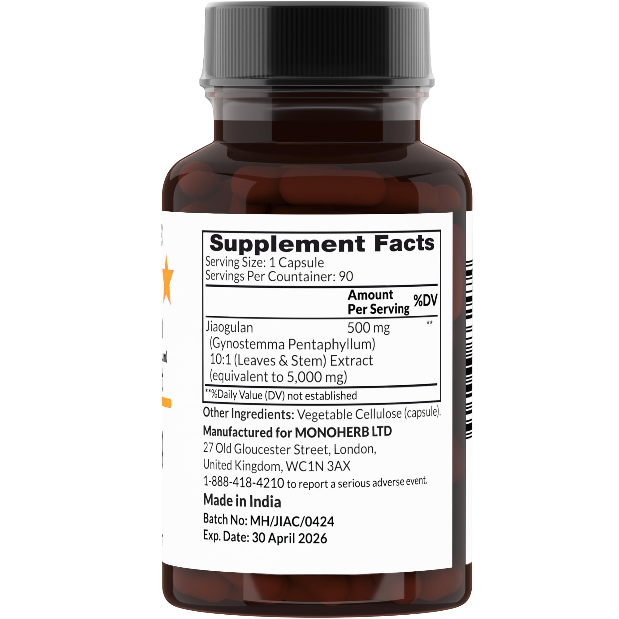 MONOHERB Jiaogulan extract capsules in a transparent veggie shell, easy to swallow