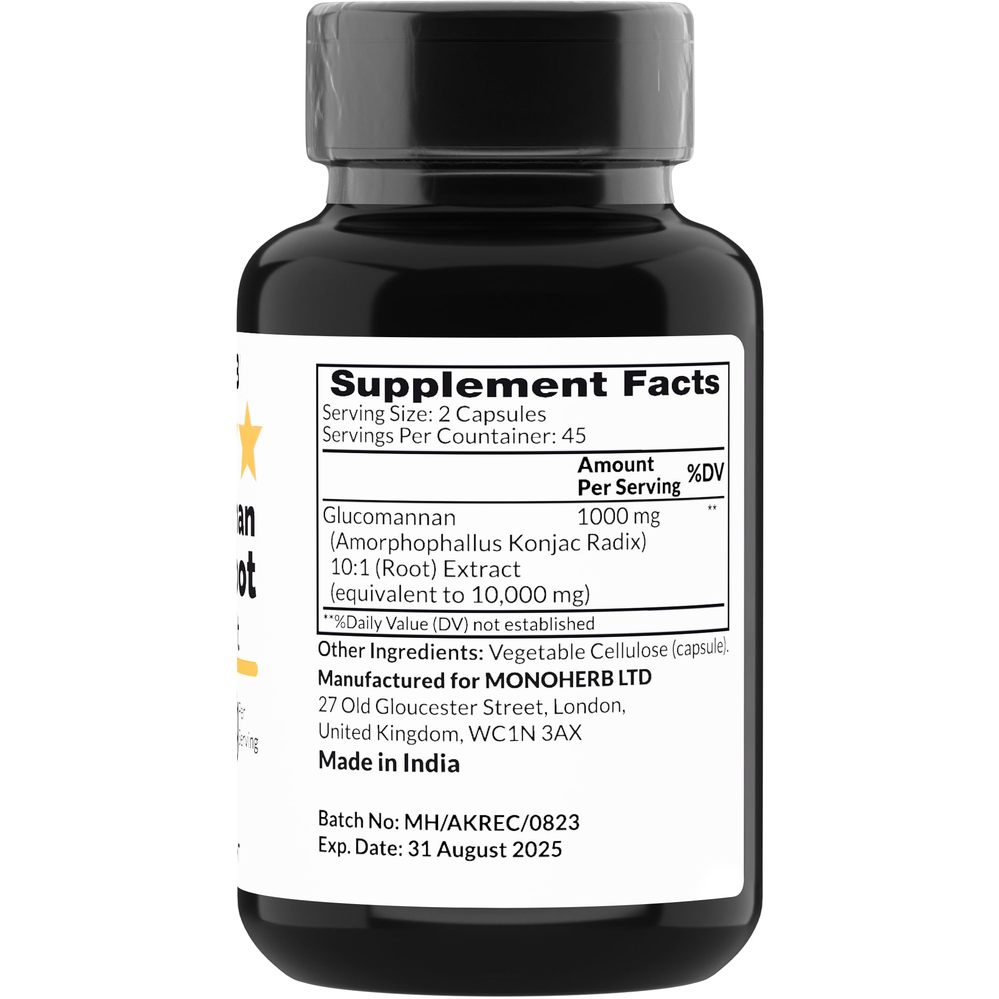 MONOHERB konjac glucomannan capsules close-up highlights pure, additive-free formula for wellness.