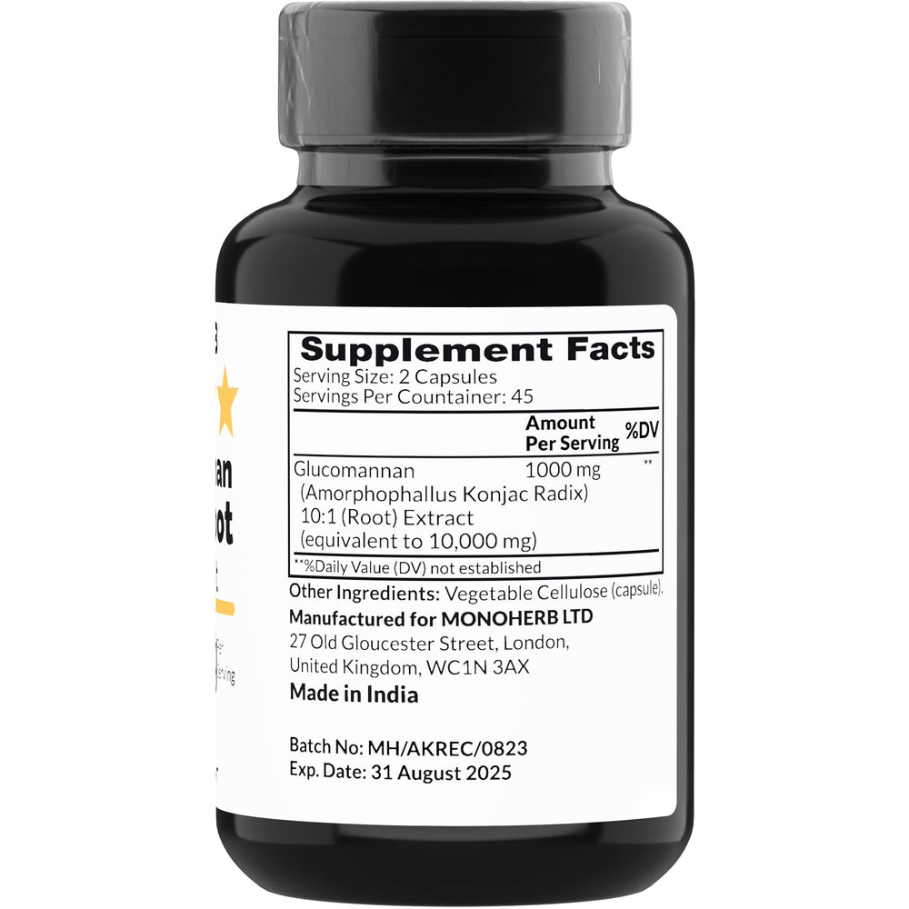 MONOHERB konjac glucomannan capsules close-up highlights pure, additive-free formula for wellness.