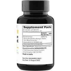 MONOHERB konjac glucomannan capsules close-up highlights pure, additive-free formula for wellness.