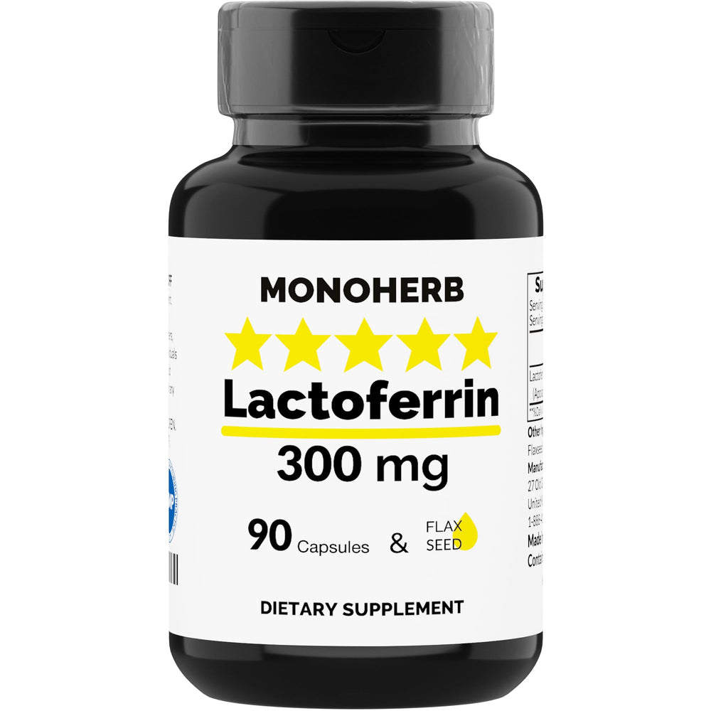 MONOHERB Lactoferrin capsules close-up showing 300 mg strength for daily support