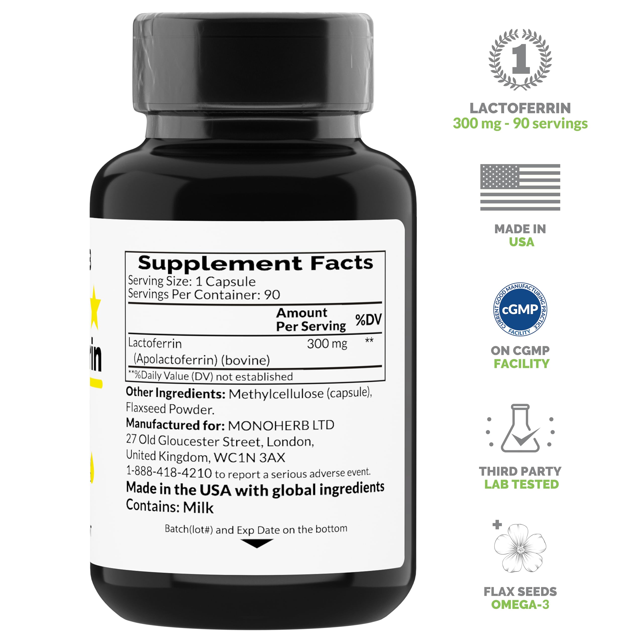 MONOHERB Lactoferrin bottle label highlighting vegan capsules and allergen-free formula