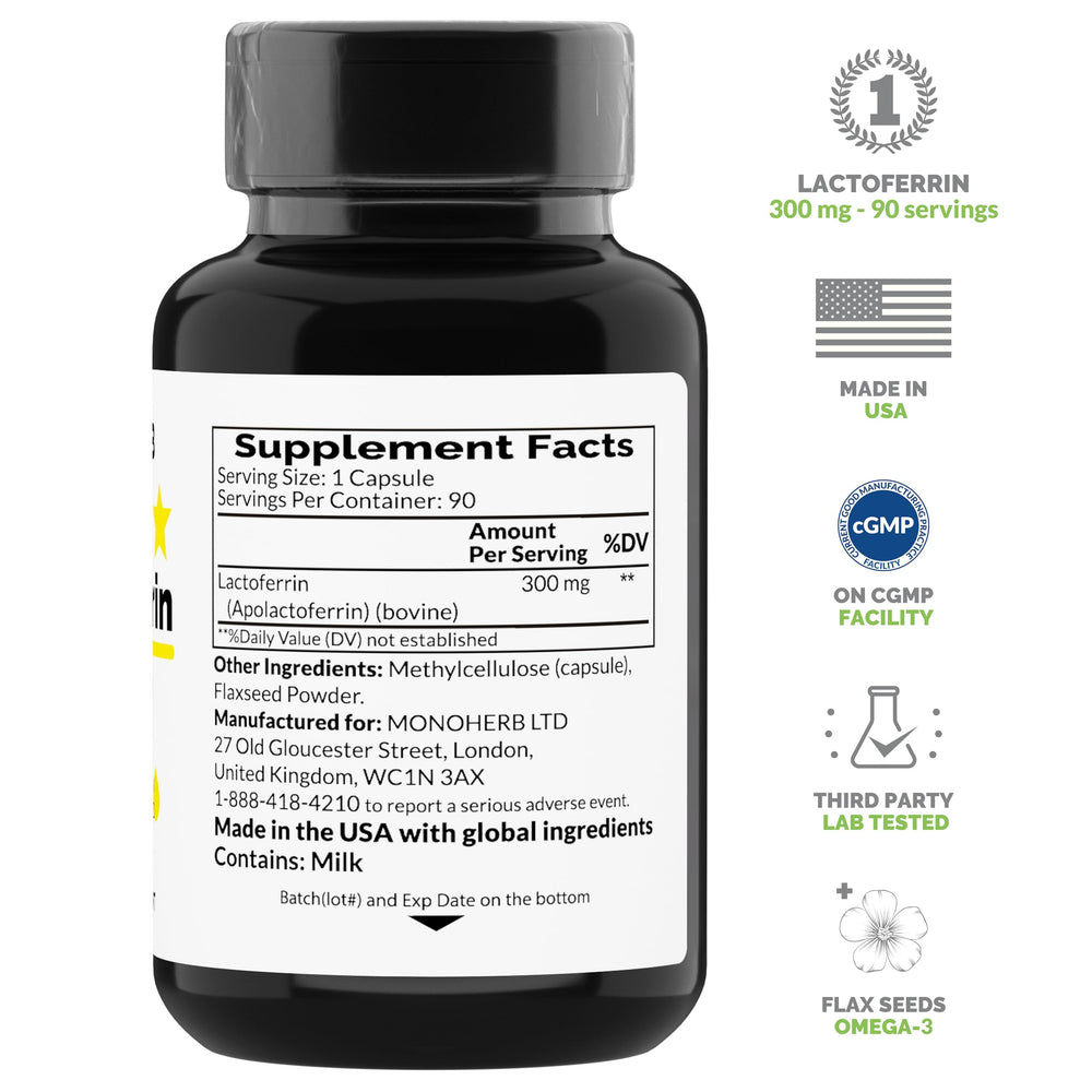 MONOHERB Lactoferrin bottle label highlighting vegan capsules and allergen-free formula