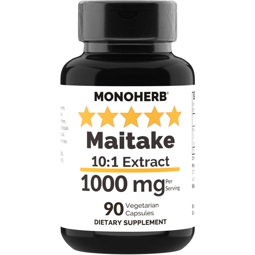 MONOHERB Maitake extract 1000mg bottle shows high-potency formula for daily support.