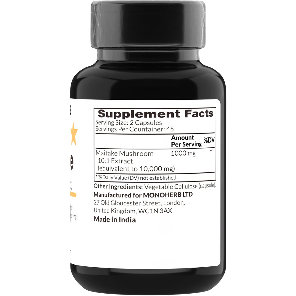 MONOHERB Maitake extract vegetarian capsules convey pure, additive-free convenience on the go.
