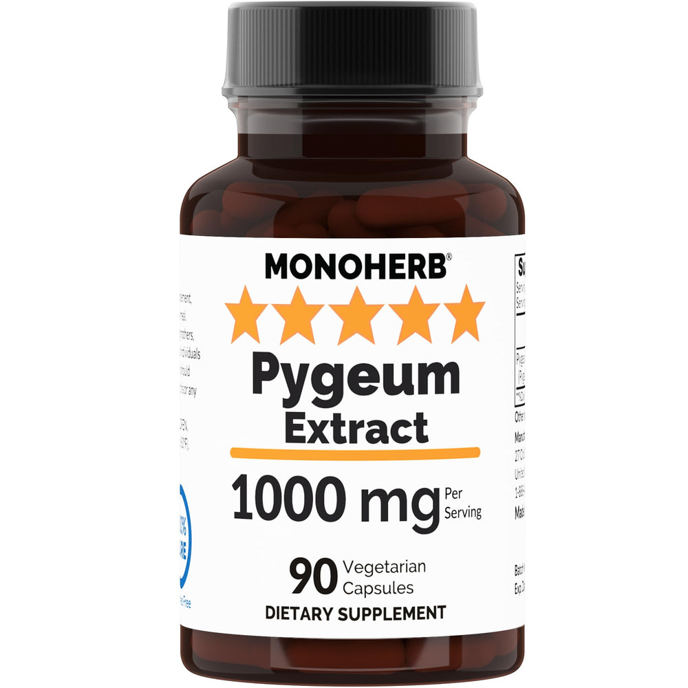 MONOHERB Pygeum Extract 1000 mg capsules in a bottle with transparent shells for easy swallowing.