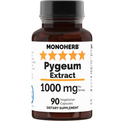 MONOHERB Pygeum Extract 1000 mg capsules in a bottle with transparent shells for easy swallowing.