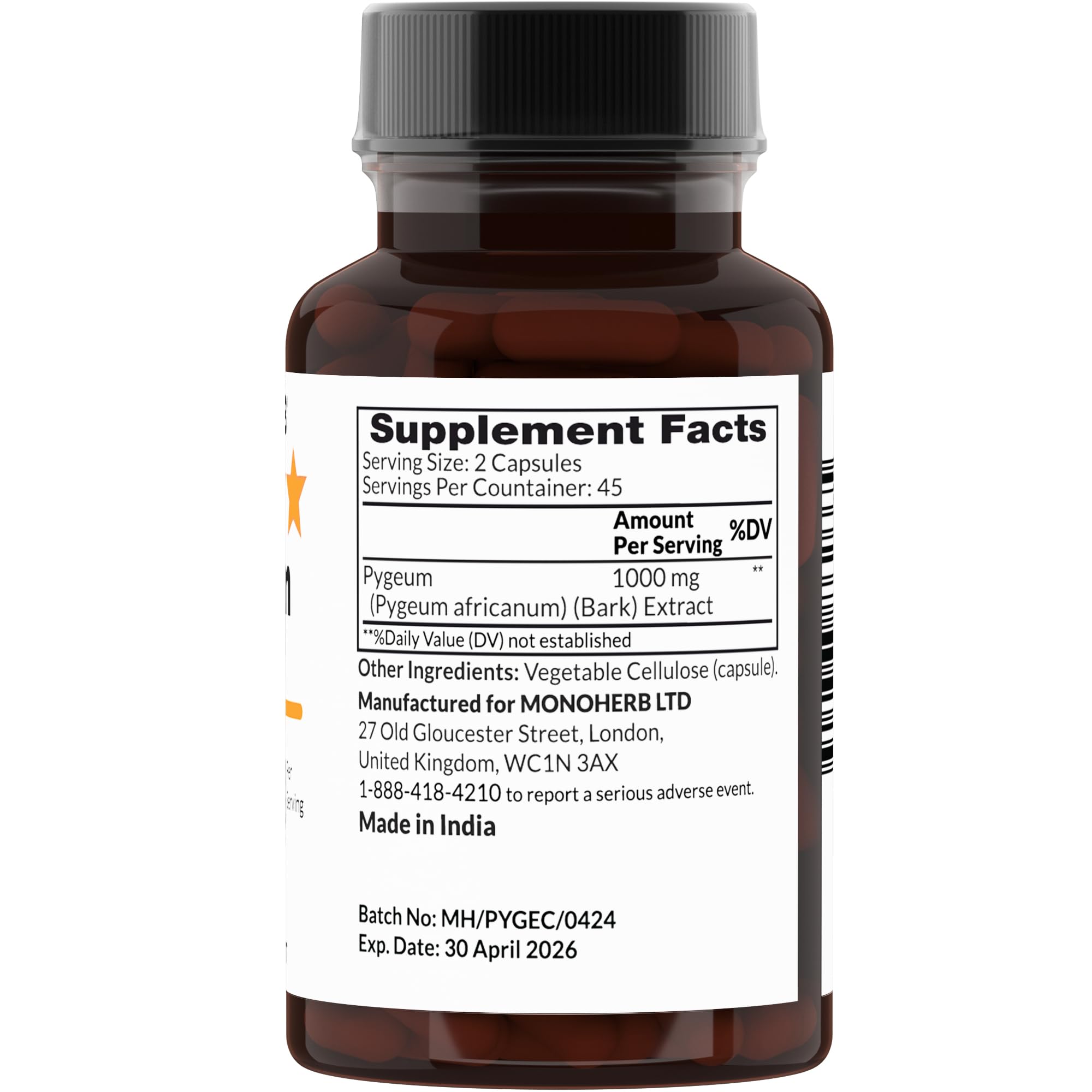 MONOHERB Pygeum Extract capsules appear as vegan, additive-free capsules for clean daily use.