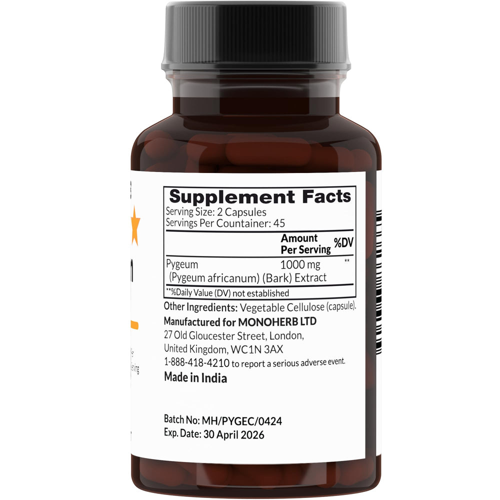 MONOHERB Pygeum Extract capsules appear as vegan, additive-free capsules for clean daily use.