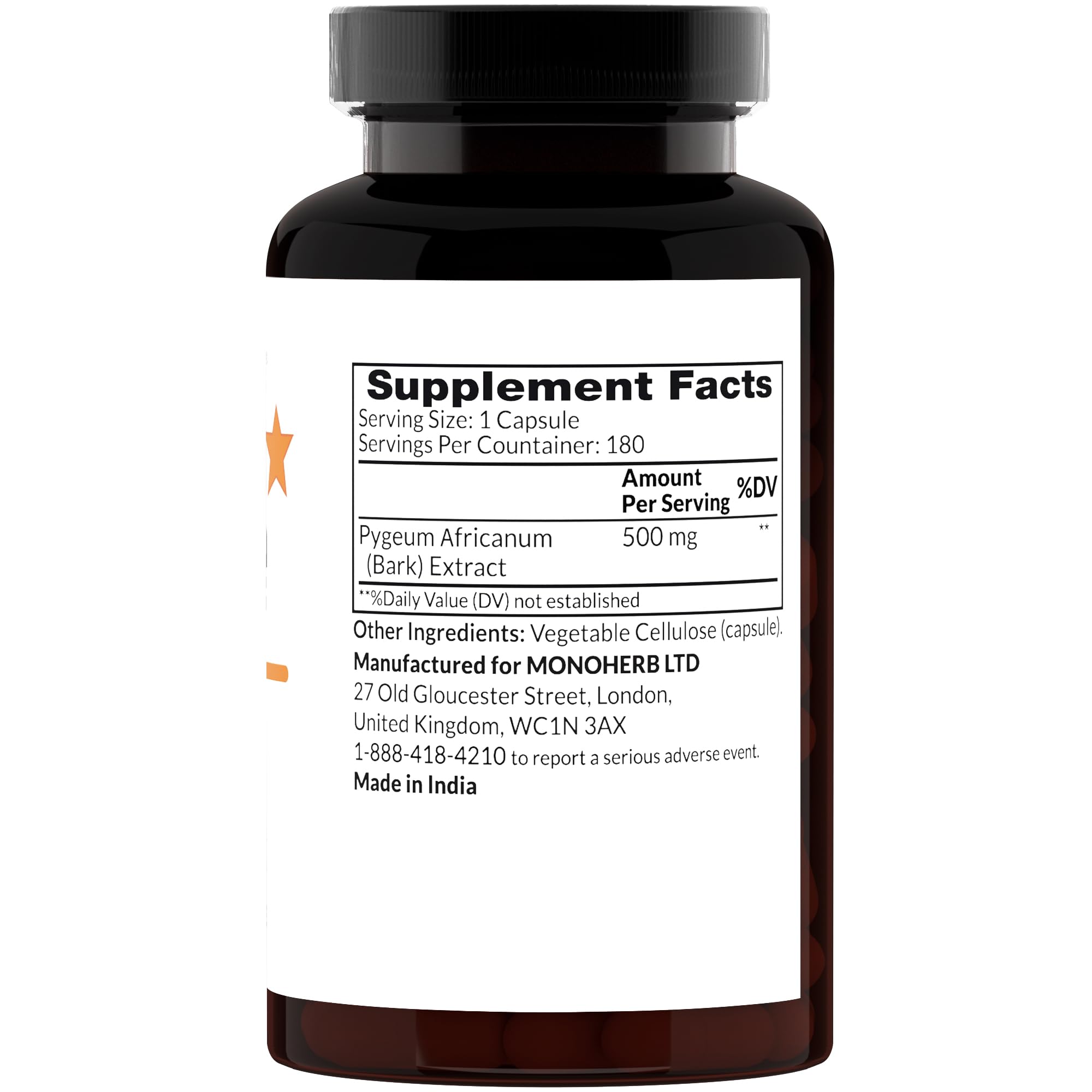 MONOHERB Pygeum Extract capsules highlight easy to swallow, additive-free daily support.
