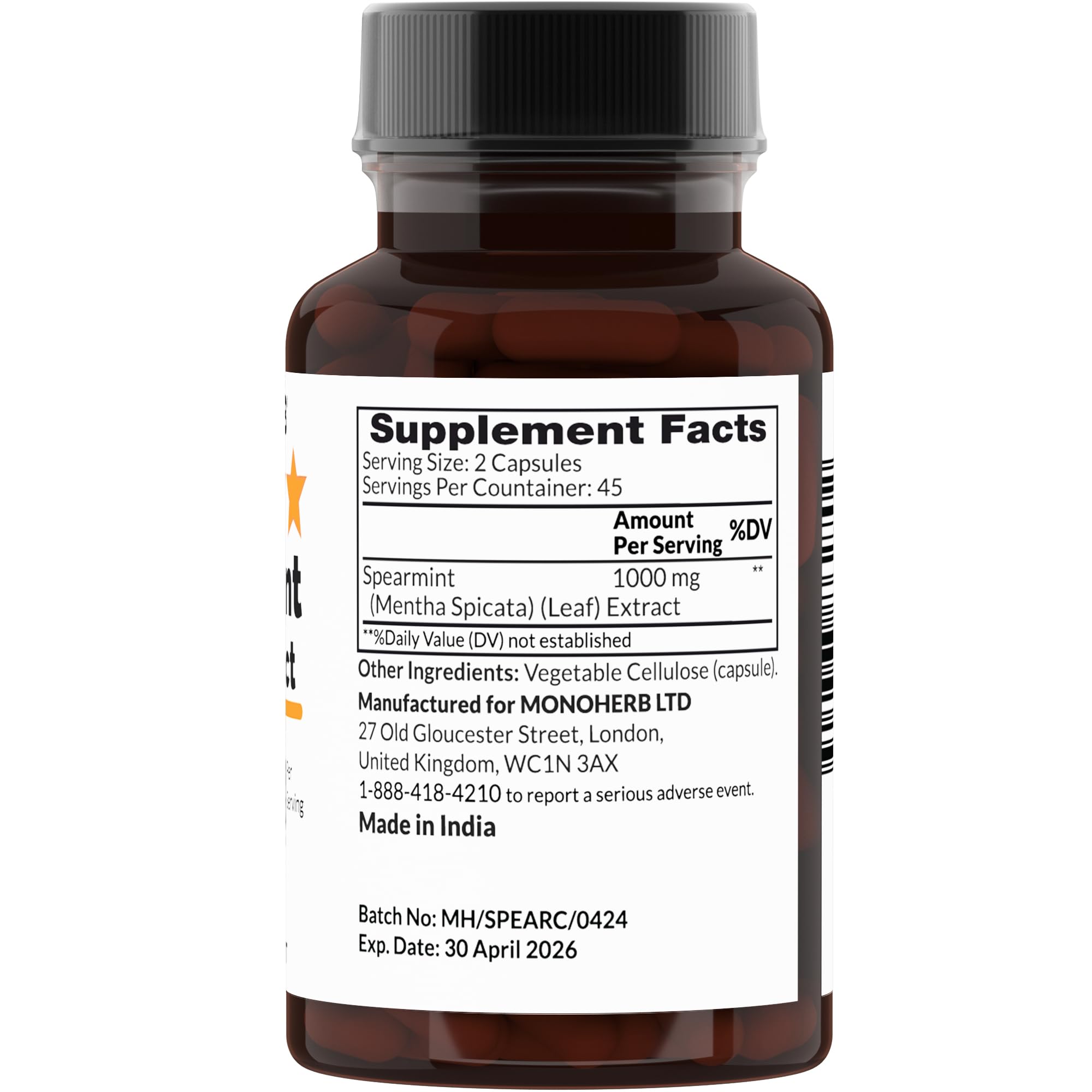 MONOHERB Spearmint Leaf Extract 1000 mg label highlights pure, additive-free formula.