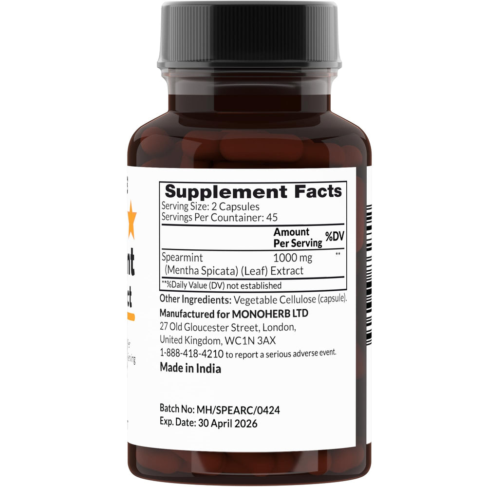 MONOHERB Spearmint Leaf Extract 1000 mg label highlights pure, additive-free formula.