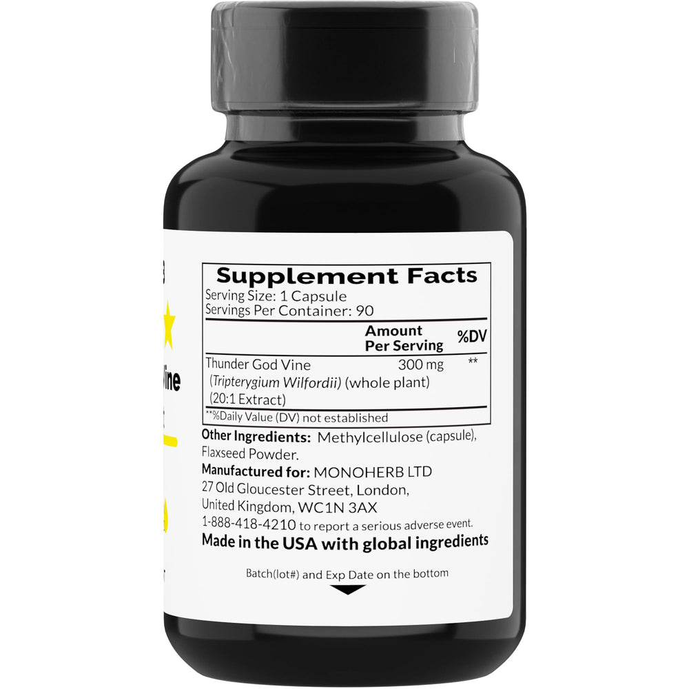 Close-up of the label highlighting 20:1 Thunder God Vine extract.