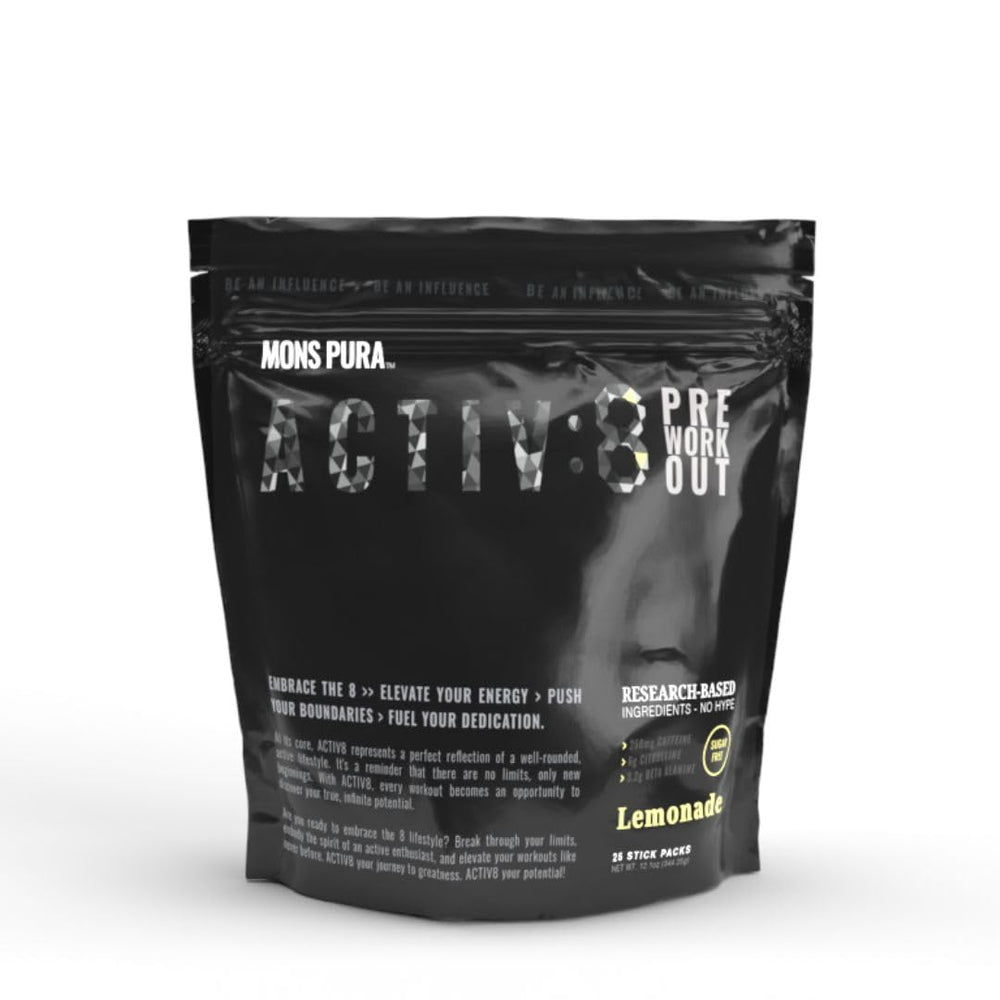 Mons Pura Activ8 Lemonade Pouch front view for potential energy boost.