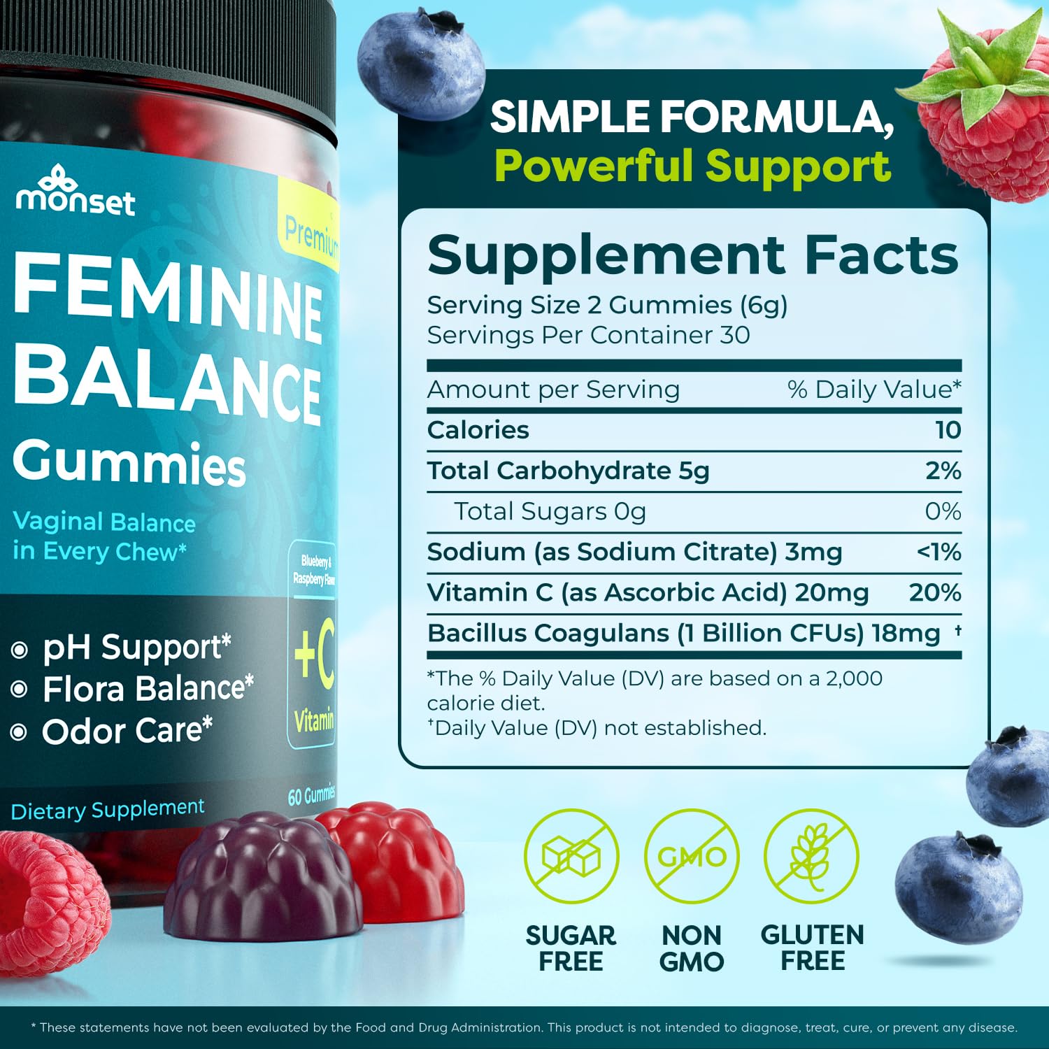 Nutrition label closeup shows prebiotics and probiotics blend.