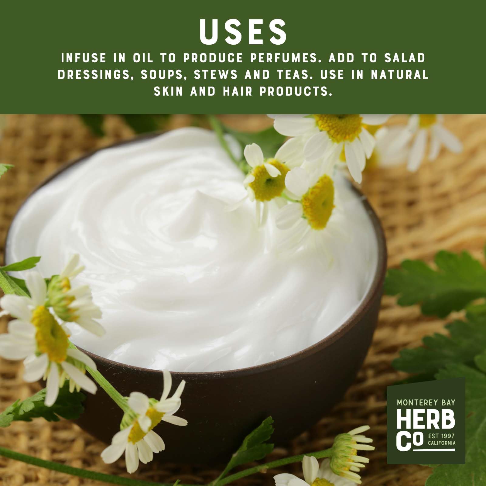 Chamomile flowers for bath soaks and relaxing aromatics by Monterey Bay Herb Co.